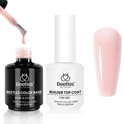 Beetles Color Base Coat &amp; Builder Top Coat Gel Set, 2Pcs 15ML Nude Pink Color Base Ultra Shine No Wipe Builder Top Coat for Nails, Long Lasting Thick Base For Nail Strengthening Gift for Girls