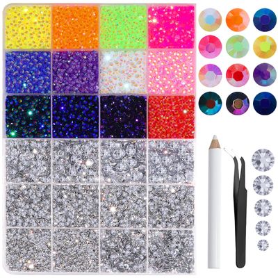 FANDAMEI 25400 PCS Resin Rhinestones, 3mm Mixed Color &amp; Silver Rhinestone Kit, Non-Hotfix Gems For Crafting, Flatback Rhinestones For Crafting, Rhinestone For Nails, 2/3/4/5/6mm