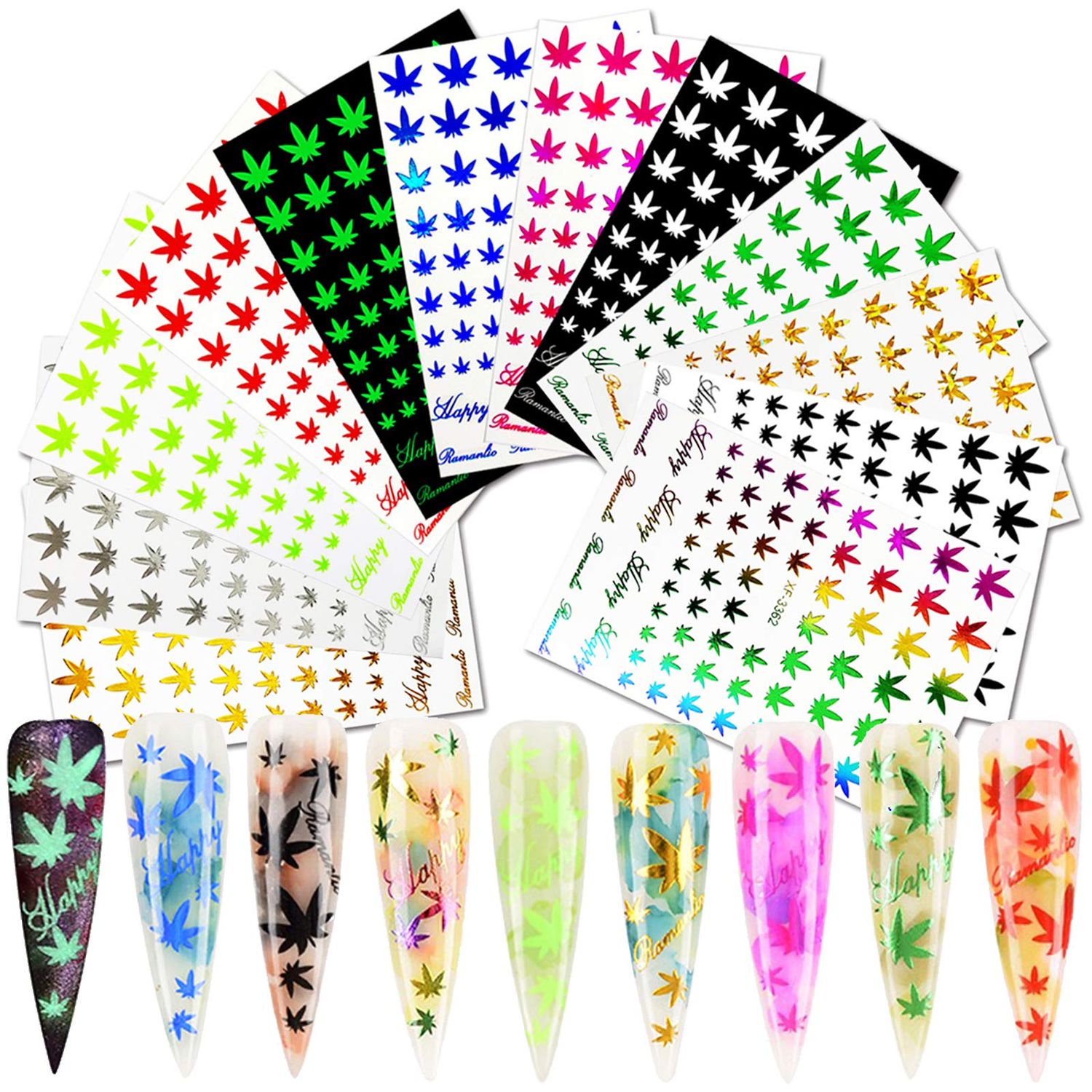 MiaoWu 12 Sheets Pot Leaf Nail Art Stickers Self-Adhesive 3D Maple Leaf Nail Stickers Fall Nail Art Decals Glitters Flakes Autumn Nail Supplies Colorful Weed Leaves Design for DIY Nail