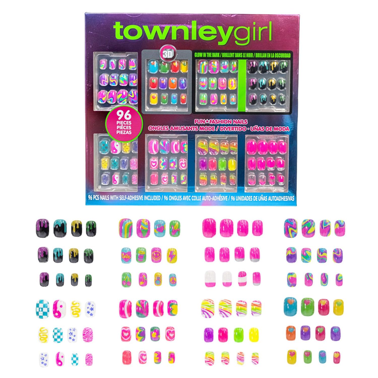 Townley Girl 96 Pcs Press-On Nails Including 3D and Glow-In-Dark Artificial False Nails Set for Tweens with Pre-Glue Full Cover Acrylic Nail Tip Kit, Great for Gifts, Parties, Sleepovers and Makeovers