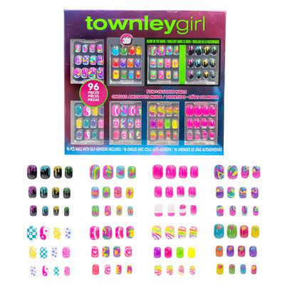 Townley Girl 96 Pcs Press-On Nails Including 3D and Glow-In-Dark Artificial False Nails Set for Tweens with Pre-Glue Full Cover Acrylic Nail Tip Kit, Great for Gifts, Parties, Sleepovers and Makeovers