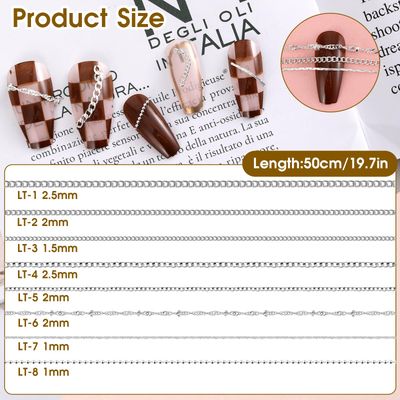 8 Strips Metal Chain Nail Art Charms - Silver Jewelry Chains 3D Decorations Supplies - Punk Studs Accessories for DIY Making Manicure Jewelry (Silver)