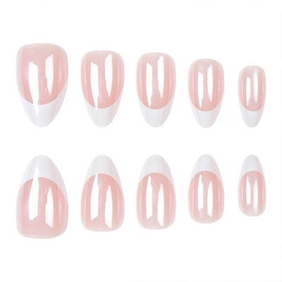 Chrome Press on Nails Short Almond Fake Nails White French Tip Nails Press ons Glossy Glue on Nails French Acrylic Nails Nude False Nails Artificial Stick on Nails for Women 30 Pcs