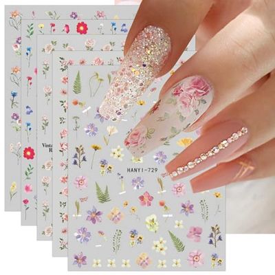 JMEOWIO 9 Sheets Spring Flower Nail Art Stickers Decals Self-Adhesive Pegatinas Uas Colorful Summer Floral Nail Supplies Nail Art Design Decoration Accessories
