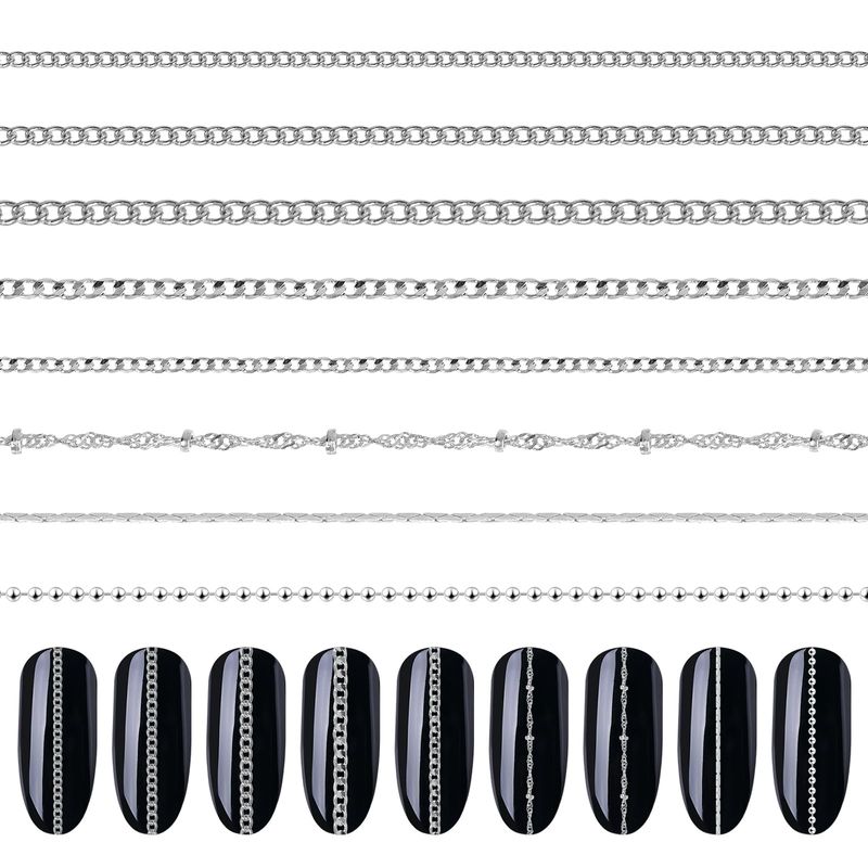 8 Strips Metal Chain Nail Art Charms - Silver Jewelry Chains 3D Decorations Supplies - Punk Studs Accessories for DIY Making Manicure Jewelry (Silver)