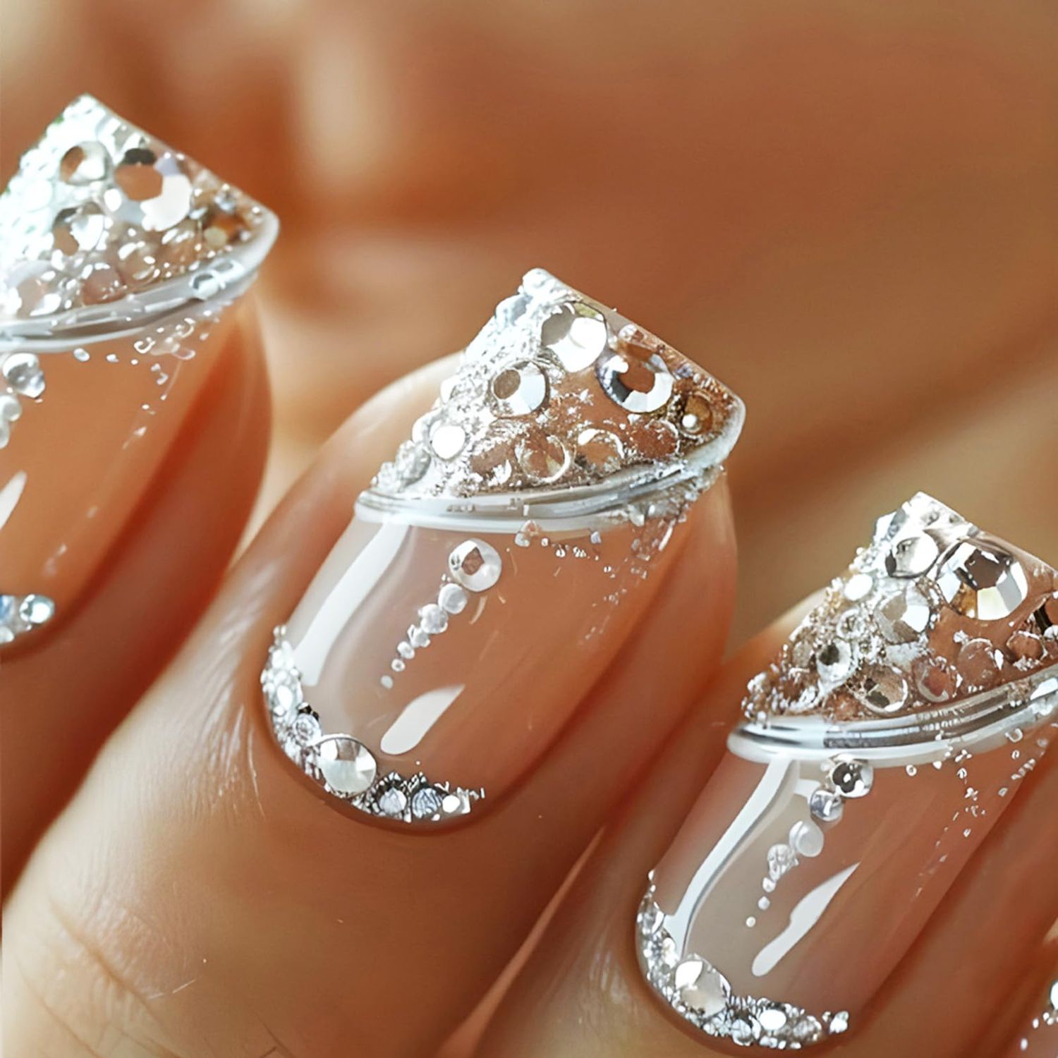 Silver Curve Line Press on Nails 24Pcs Rhinestones Stick on Nails Crystal Acrylic Short Square Fake Nails Glossy Silver Glitter Nails Streamer Gel Glue on Nails for Coquette Women Girls