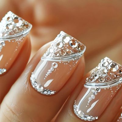 Silver Curve Line Press on Nails 24Pcs Rhinestones Stick on Nails Crystal Acrylic Short Square Fake Nails Glossy Silver Glitter Nails Streamer Gel Glue on Nails for Coquette Women Girls