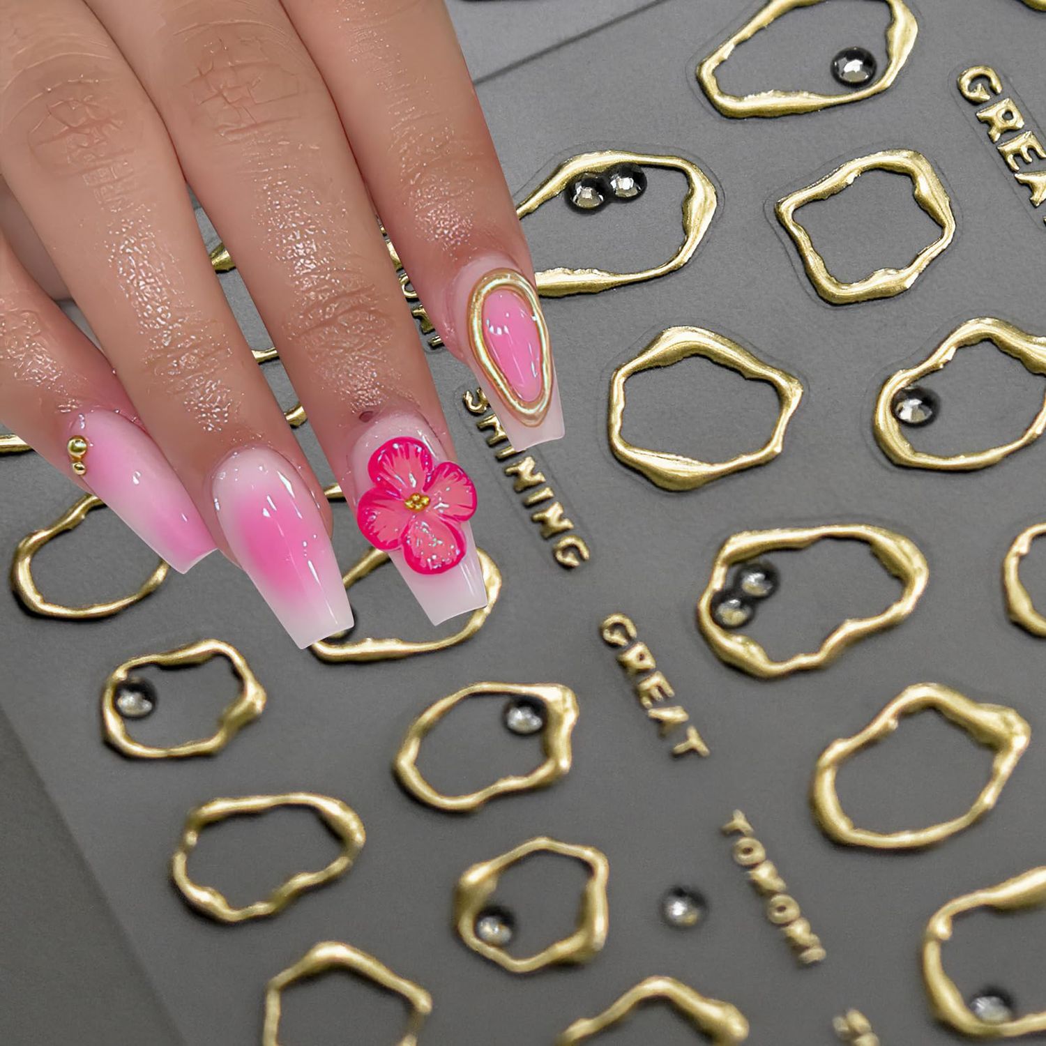 Jremg Gold Irregular Bronzing Nail Art Stickers Geometric Frame Nail Decals with Rhinestone Design 5D Embossed Nail Design Self Adhesive Metallic Nail Supplies for Women Girls Manicure Nail Decoration