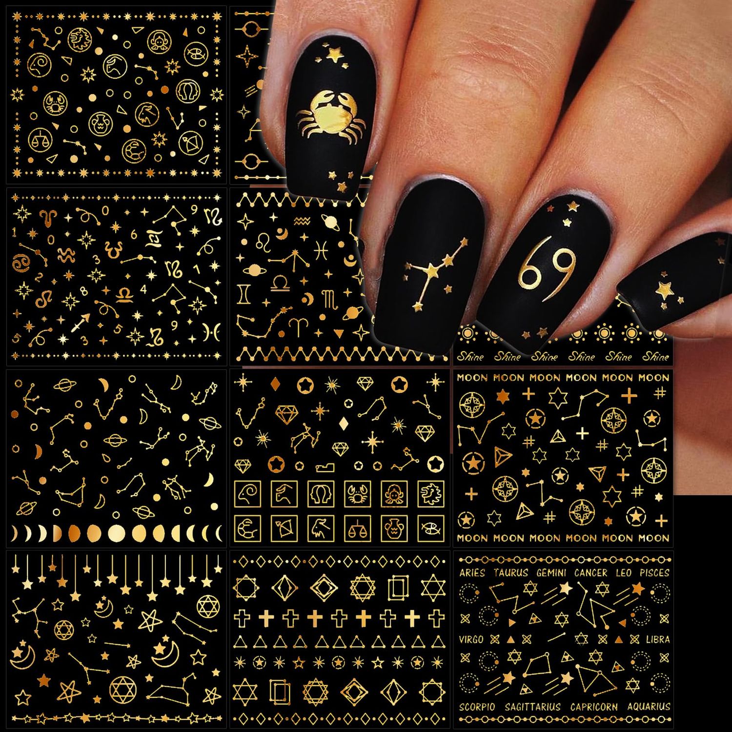 IDDFEVE 12 Zodiac Signs Nail Art Stickers - Gold Galaxy Line, Universe Self-Adhesive 3D Nail Decals for DIY Golden Manicure (12 Sheets)