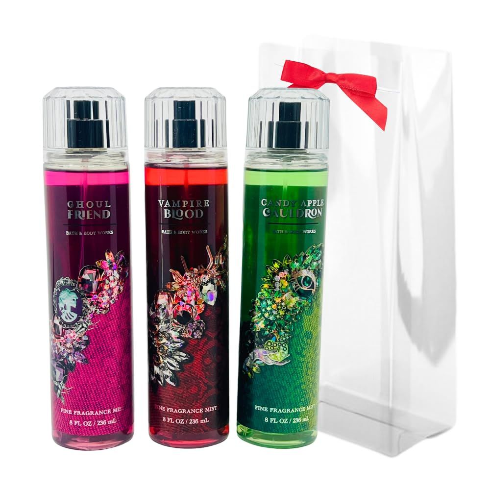 Bath &amp; Body Works VAMPIRE BLOOD, GHOUL FRIEND, CANDY APPLE CAULDRON Fine Fragrance Mist 3-piece Halloween Collections 2024 with a Red Bow - Limited Edition