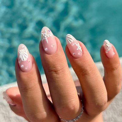 Beach Press on Nails Medium Almond,Summer Nails Press ons with 3D Starfish Shell Design - Reusable Acrylic Nail Glossy Full Cover Artificial Stick on Nail for Women Manicure 24 Pcs