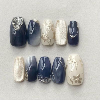Press on Nails Blue Marbling False Nails Medium Coffin Fake Nails with Silver Peach Blossom Designs Glossy Artificial Acrylic Nails Irregular Silver Lines False Nails Stick on Nails for Women 24Pcs