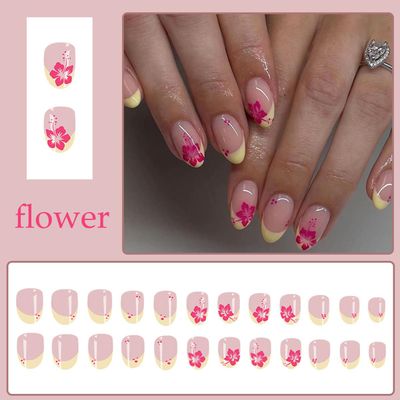 24Pcs French Tip Press on Nails Short Almond Fake Nails Pink Flower Nails Tips Yellow French Glue on Nails Hibiscus Floral Nails Design Full Cover Acrylic False Nails for Women Flowers Nail Art Kit