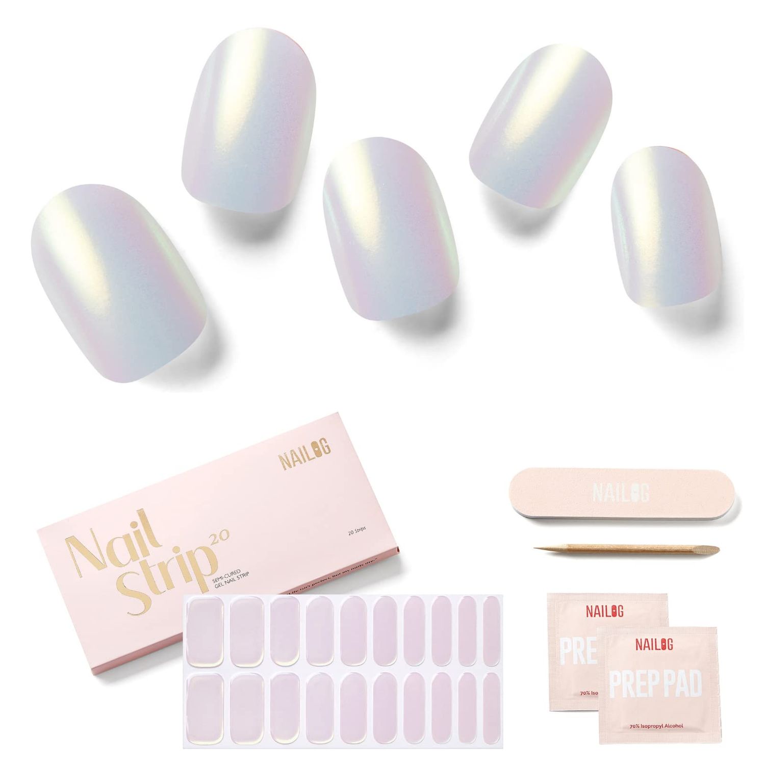 NAILOG Semi Cured Gel Nail Strips 20 Pcs | Buy 2 Get 1 UV Lamp | Extra Long Nail Wraps with Glossy Gel Finishing | Pink Moonlight