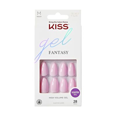 KISS Gel Fantasy, Press-On Nails, Nail glue included, No Regrets, Light Pink, Medium Size, Almond Shape, Includes 28 Nails, 2g Glue, 1 Manicure Stick, 1 Mini file