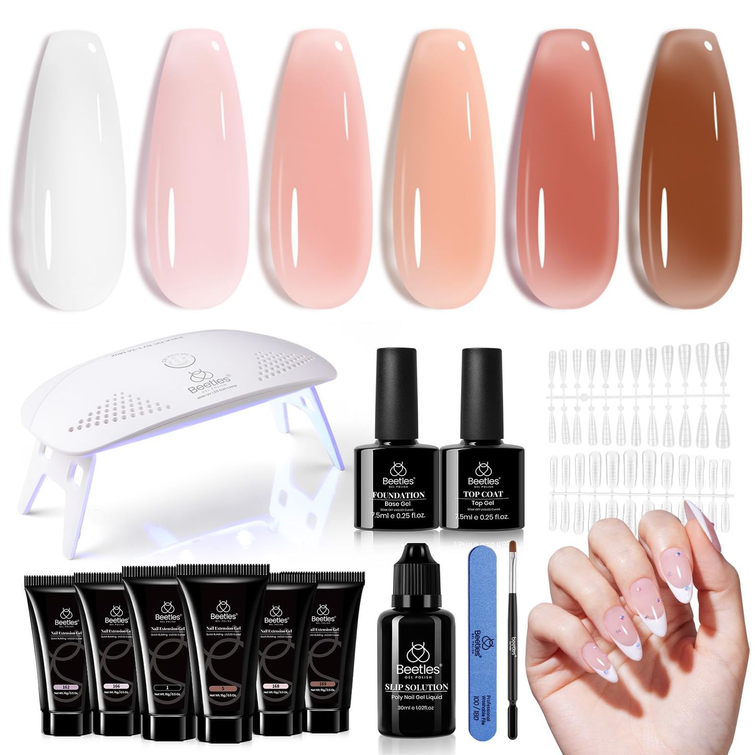 Beetles Poly Nail Gel Kit 6 Colors Clear Nude Brown Nail Extension Gel Set Builder Hybrid Jelly Gel with Nail Lamp Poly Extension Gel Nail Kit with Slip Solution Base Top Coat Gel Polish for Women