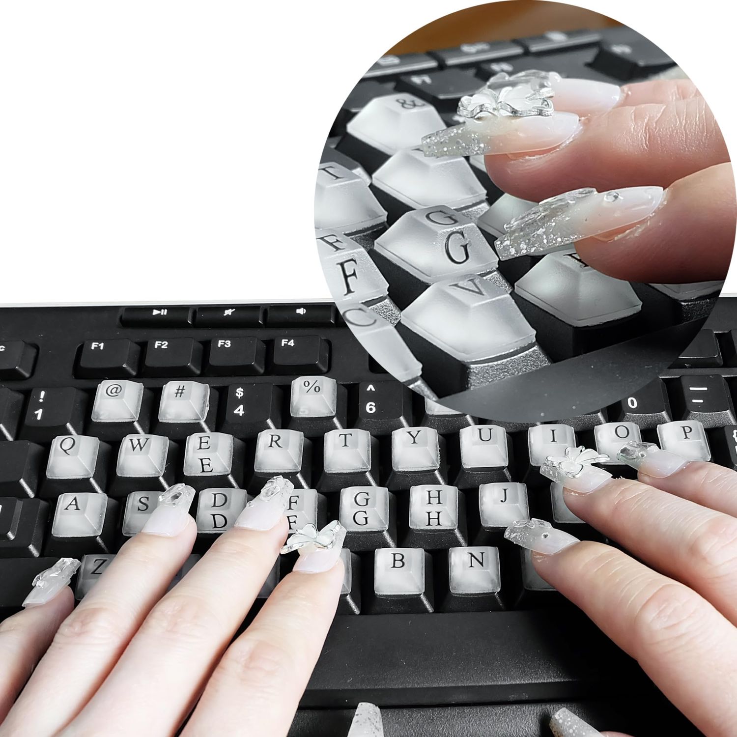 DIY Raised Keyboard Sticker with Letter Decals for Long Nails, 80 Pcs Adhesive Keycap Riser for Nail Art Protective Keycap Silicone Sticky Pad Suitable for Tying and Gaming (Translucent-Square)