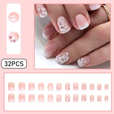 RUPOFUZA Acrylic Press on Nails Short Square Fake Nails White Ombre Glue on Nails Short False Nails with Flower Gloss Designs Nails Press on Artificial Nails Stick on Nails for Women 24Pcs