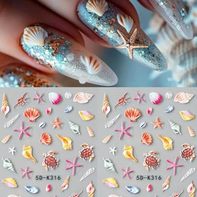 5D Embossed Seashell Starfish Nail Art Stickers Decals Summer Ocean Nail Stickers 2PCS Turtle Ocean Theme Summer Nails Adhesive Decals Manicure Sliders Accessories for Women DIY Nail Art Decorations