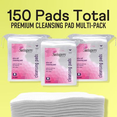 Swisspers Premium Facial Cleansing Pad, 100 Cotton, Ultra Soft, Extra Large, 50 White Pads per Reclosable Bag, 3 Bags (150 Pads Total)