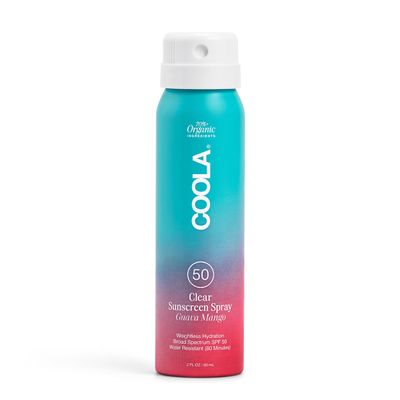COOLA Organic Sunscreen SPF 50 Sunblock Spray, Dermatologist Tested Skin Care for Daily Protection, Vegan and Gluten Free, Guava Mango, Travel Size, 2 Fl Oz