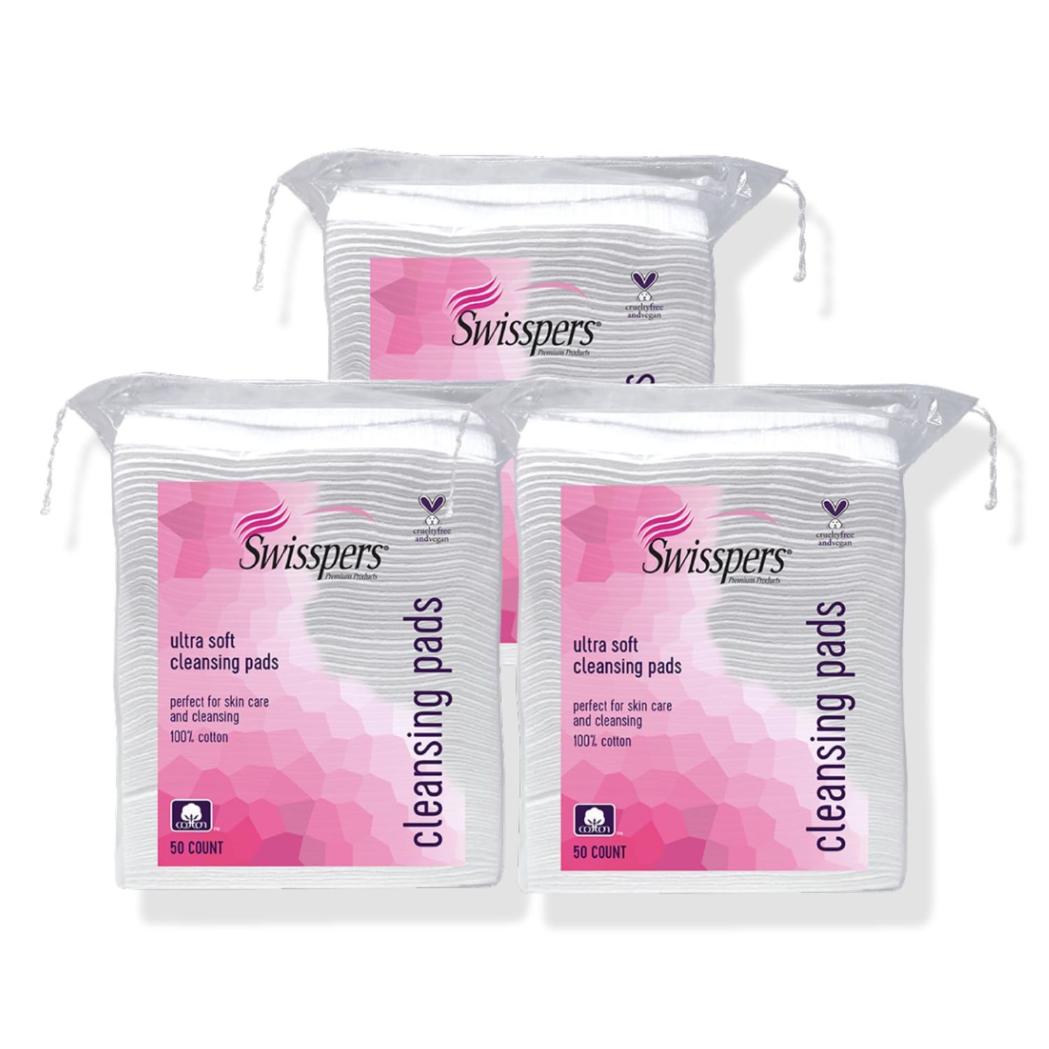 Swisspers Premium Facial Cleansing Pad, 100 Cotton, Ultra Soft, Extra Large, 50 White Pads per Reclosable Bag, 3 Bags (150 Pads Total)