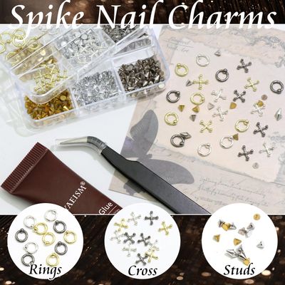 YAEISM Punk Nail Charms Kits Vintage Nail Art Studs 3 Colors Nail Spikes Alloy Cross Nail Charms Gothic Nail Rivets with Glue Gel,Tweezer for Nail Art and DIY Crafts Decoration
