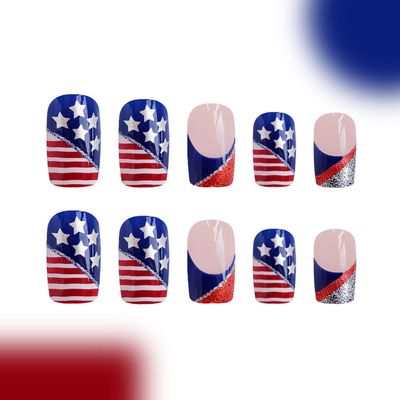 4th of July Press on Nails Short Square, Independence Day Fake Nails with American Flag Designs French Tip Glue on Nails Star Glitter False Nails Press ons Red Bule White Stick on Nails for Women