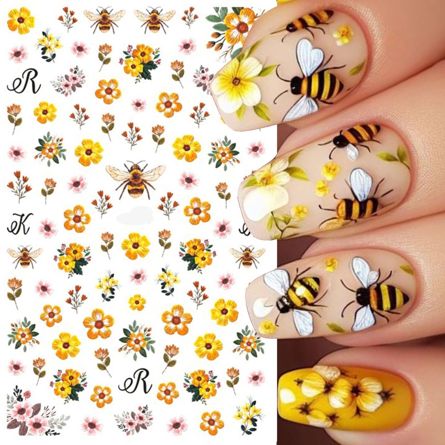 Bee Nail Art Stickers - Yellow Summer Nail Sticker Decals with Flower &amp; Butterfly Designs | Cute Nail Supplies for Women and Girls DIY Summer Manicures 4 Sheets