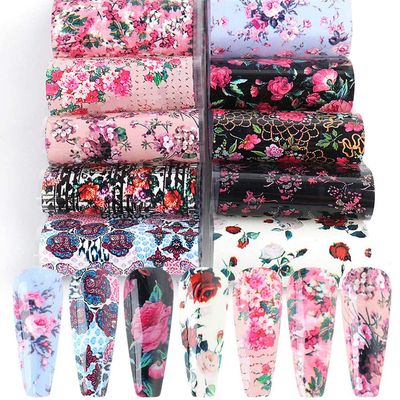 Retro Flower Nail Art Foil Transfer Stickers, Holographic Rose Flowers Starry Sky Design for Nails, 10pcs