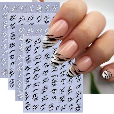 HYWWPFLAY 4 Sheets 3D Black White Zebra Print Nail Stickers, Self - Adhesive 3D Zebra Pattern Nail Art Stickers, French Tip Design Nail Decals for Women Girls DIY Manicure Decor Supplies
