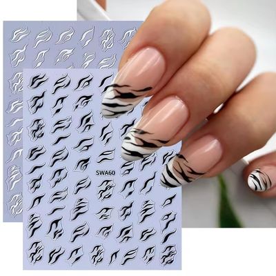 HYWWPFLAY 4 Sheets 3D Black White Zebra Print Nail Stickers, Self - Adhesive 3D Zebra Pattern Nail Art Stickers, French Tip Design Nail Decals for Women Girls DIY Manicure Decor Supplies