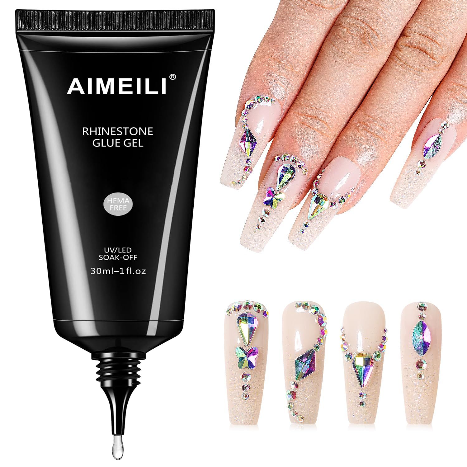 AIMEILI Hema Free Nail Rhinestone Glue for Nails, Cruelty Free, Vegan, Gel Nail Glue for Nail Charms Decoration