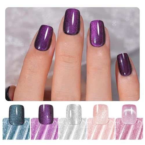 Jofay Fashion Cat Eye Press on Nails - Short, Salon-Like Fake Nails with Glitter Galaxy Chasing Light Cat Eye Designs