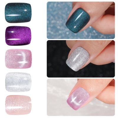 Jofay Fashion Cat Eye Press on Nails - Short, Salon-Like Fake Nails with Glitter Galaxy Chasing Light Cat Eye Designs