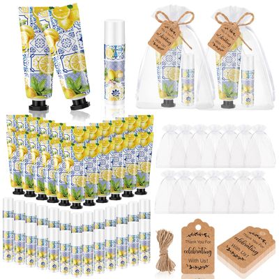 Dansib 24 Sets Hand Cream and Lip Balm Gift Bridal Baby Shower Party Supply Travel Size Hand Lotion and Lip Balm Bulk with Organza Bag and Tag Wedding Bridal Baby Shower Party (Lemon)