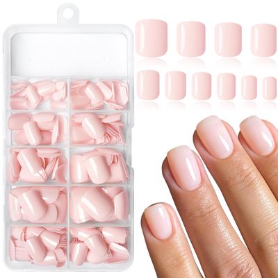 LoveOurHome 240pc Square Press on Nails Short Fake Nails with Glue &amp; Tabs, Short Nails Press on Nails Square Acrylic Nails Light Pink False Nails Artificial Fingernails Women Girls Kids Stick Nails