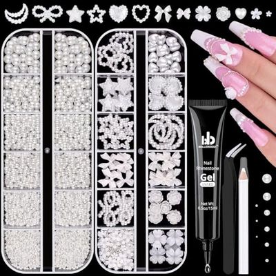 Flatback Pearls (White) and 3D Flowers with Rhinestones Glue Gel for Nail Art, Half Round Pearls Heart Bows Camellia Mix Styles Pearl Nail Charms Accessories for Acrylics Nail Tips Manicure Decor