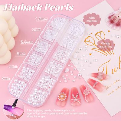 Flatback Pearls (White) and 3D Flowers with Rhinestones Glue Gel for Nail Art, Half Round Pearls Heart Bows Camellia Mix Styles Pearl Nail Charms Accessories for Acrylics Nail Tips Manicure Decor