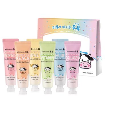 WELCOS Kwailnara Milk Hand and Nail Cream Set of 6 / Strawberry, Peach, Honey, Vitamin, Hyaluronic Acid, Collagen/Korean Hand Cream Gift Set