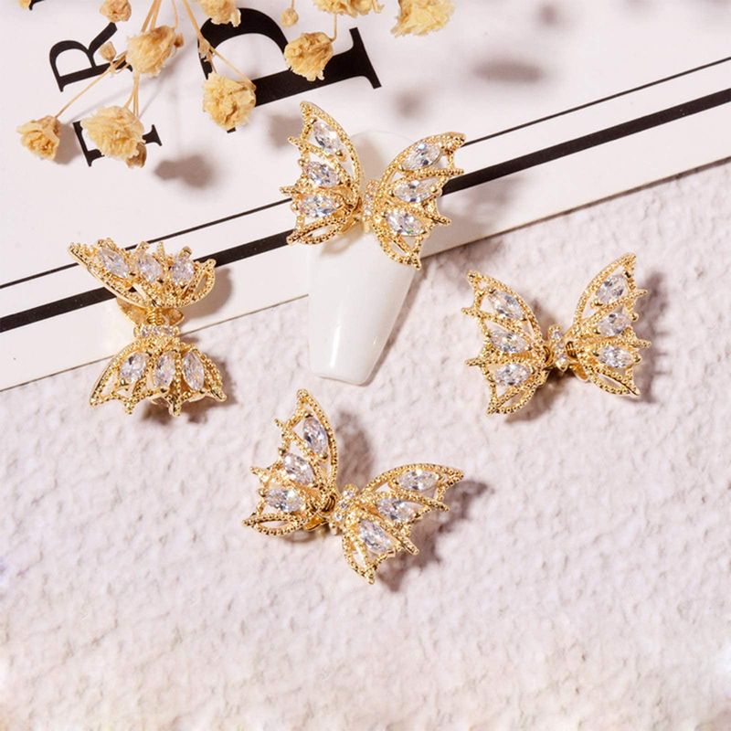Tinsow 4 Pcs Nail Diamond Metal Nail Art Butterfly Jewelry Crystal Strass Moving Wings Butterfly Nail Diamond Stones Wedding Charms Accessories (Gold)