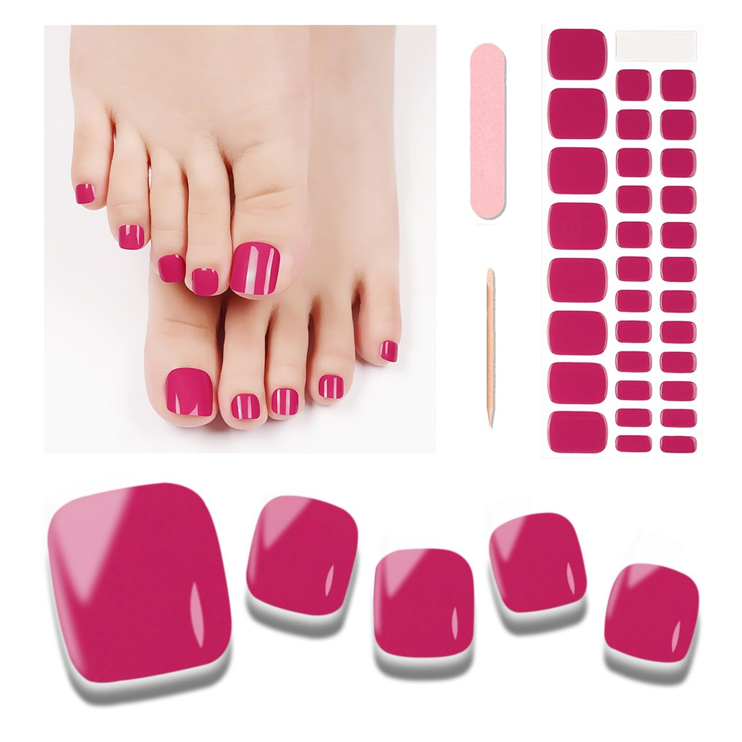 Wekcekcek Semi Cured Gel Toenail Strips, 32 Rose Red Gel Toenail Stickers - Works with Any UV Lamps Pedicure Strips Full Nail Wraps with Nail File &amp; Wood Stick