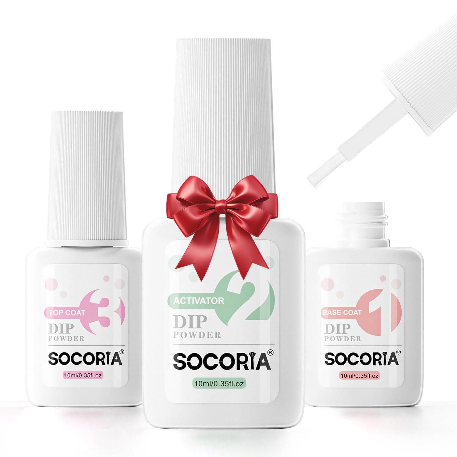 SOCORIA Dip Powder Liquid Set with Base Top Coat and Activator Nail Dip Liquid Set 3pcs 0.35oz for Dip Powder Nail Kit, No Curing Needed DIY Home Salon Quality