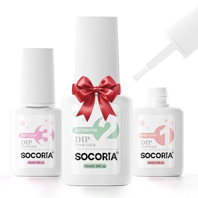 SOCORIA Dip Powder Liquid Set with Base Top Coat and Activator Nail Dip Liquid Set 3pcs 0.35oz for Dip Powder Nail Kit, No Curing Needed DIY Home Salon Quality