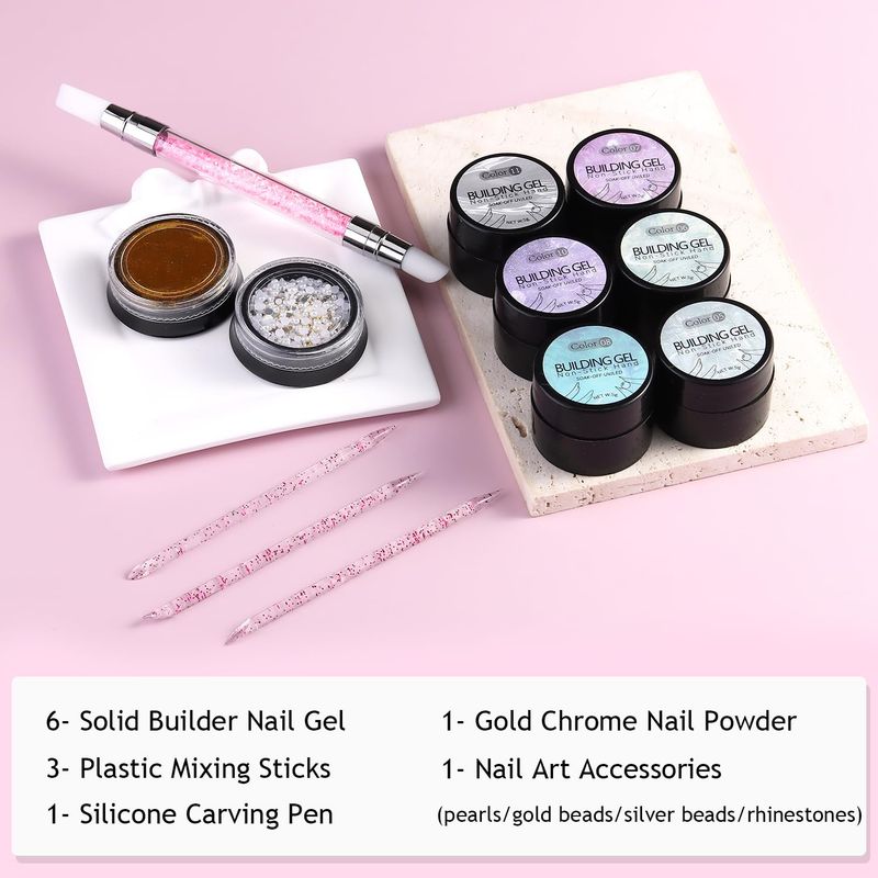 Furtherpretty Solid Builder Gel For Nails, Aurora Blue Pink Green Clear Non-Sticky Hand Sculpting Gel For Nail Art With Silicone Carving Pen Chrome Nail Powder Professional Nail Salon Supplies