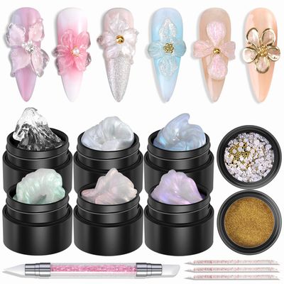 Furtherpretty Solid Builder Gel For Nails, Aurora Blue Pink Green Clear Non-Sticky Hand Sculpting Gel For Nail Art With Silicone Carving Pen Chrome Nail Powder Professional Nail Salon Supplies