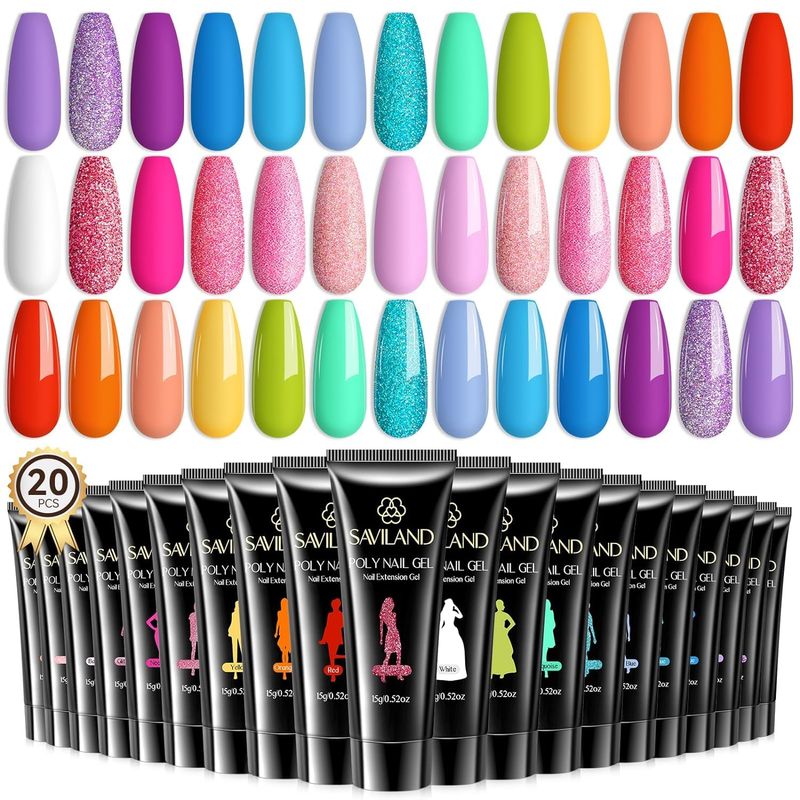SAVILAND Poly Gel Nail Colors20 Colors Nail Extension Gel Kit Bright Rainbow Pink Purple Blue Color Collection Poly Gel Nail Kit for Daily Nail Art DIY Nail Salon Gift for Girls