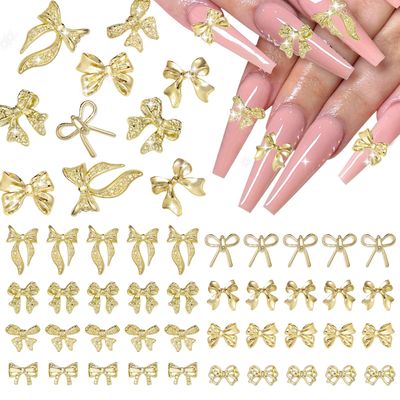 Uotey 40 Pcs Metal Bows Nail Charms, Alloy Nail Bows Charm 3D Golden Bowknots Charms for Nails, Assorted Luxury Shiny Bow Tie Nails Gems Charm Nail Art Accessories