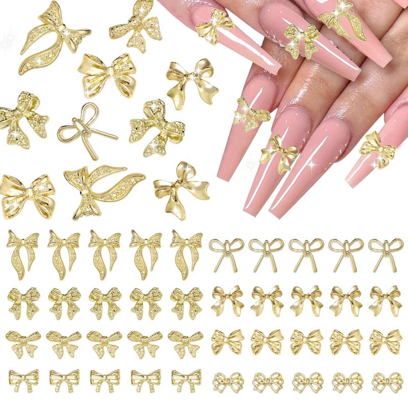 Uotey 40 Pcs Metal Bows Nail Charms, Alloy Nail Bows Charm 3D Golden Bowknots Charms for Nails, Assorted Luxury Shiny Bow Tie Nails Gems Charm Nail Art Accessories