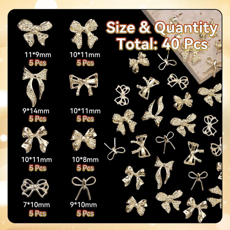 Uotey 40 Pcs Metal Bows Nail Charms, Alloy Nail Bows Charm 3D Golden Bowknots Charms for Nails, Assorted Luxury Shiny Bow Tie Nails Gems Charm Nail Art Accessories